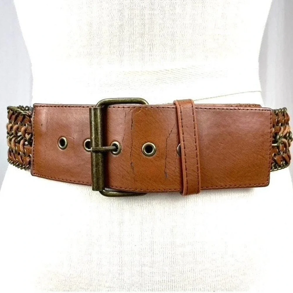 Vintage Boho 90s‎ Womens (32) Wide Brass Chain Leather Lacing Tan Belt Western